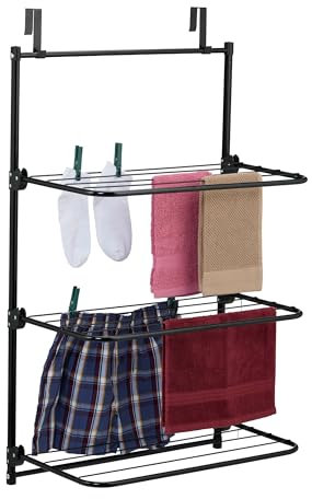 Relaxdays Secador de Ropa para Puerta, Colgante, 95 x 58 x 31 cm, 10 m Longitud Secado, 3 Alas Plegables, Hierro, Negro