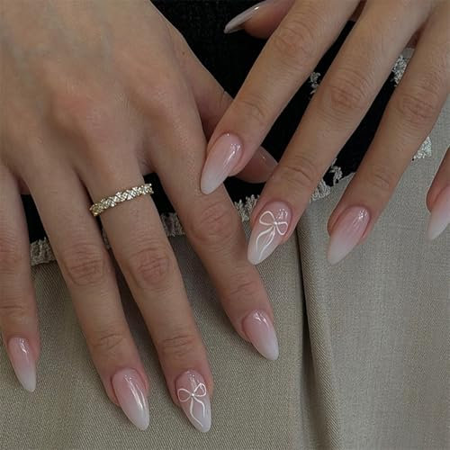 French Tip False Nails - 24Pcs Long Press on Nails Almond - Nude Gradient Fake Nails Almond Pattern with Bowknot - Full Cover False Nails Long Stiletto French nails for Women Girls