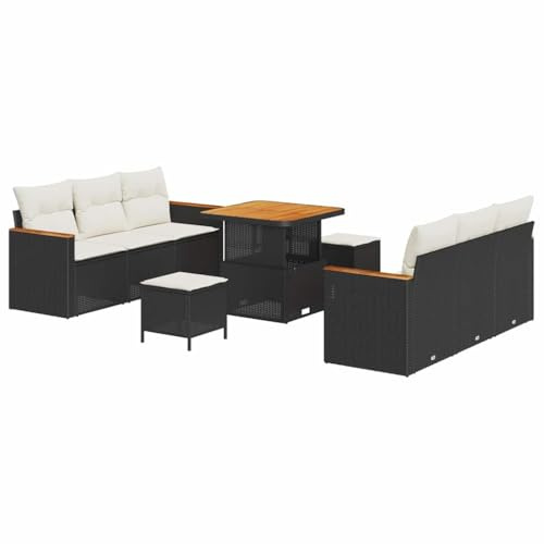 vidaXL Garten-Sofa-Set mit Kissen 9 pcs Schwarz Poly Rattan, Garten und Terrasse, modulares Sofa-Set, Outdoor-Möbel, Stauraum, UV-beständige Materialien, Sitzgruppe