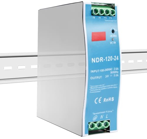 Alimentation sur rail DIN NDR-120-24, 24 V, transformateur 230 V vers 24 V, 5 A, 120 W, tension constante, bornes à vis, montage direct sur rail DIN.