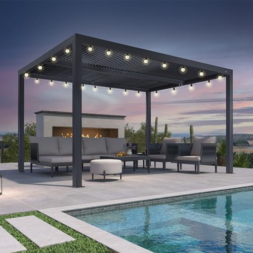 Pergola bioclimatica 4 x 3,3 m con stringa di luci a LED, doghe regolabili in alluminio, 13,2 m², tettoia da giardino per esterni, colore grigio, tenda da patio per soggiorno all'aperto