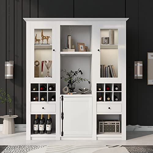 Juabett 143*45.5*170 cm Vitrine mit LED Beleuchtung, Vitrinenschrank Schublade & Offenen Regale, Sammlervitrine mit Weinschrank, Weiß Standvitrine Stauraumvitrine für Wohnzimmer Arbeitszimmer & Büro