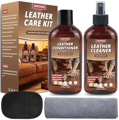 Lederpflegeset Reiniger & Pflegemittel Lederpflege für Ledercouch und Auto | Leder sicher reinigen & schützen mit dem Reinigungstuch-Handschuh für Auto, Möbel, Schuhe, Taschen und Bekleidung, 2x300 ml