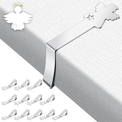 Romon 12 Pièces Pince Nappe en Acier Inoxydable Forme Ange, Attache Nappe Extérieur/Jardin - Pinces à Nappe Réglables pour Tables jusqu'à 4cm, Argent