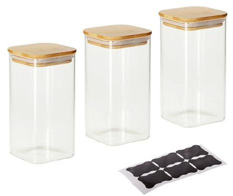 Relaxdays Vorratsgläser mit Bambusdeckel, 3er Set, eckige Vorratsdosen aus Glas, 1500 ml, luftdicht, transparent/natur