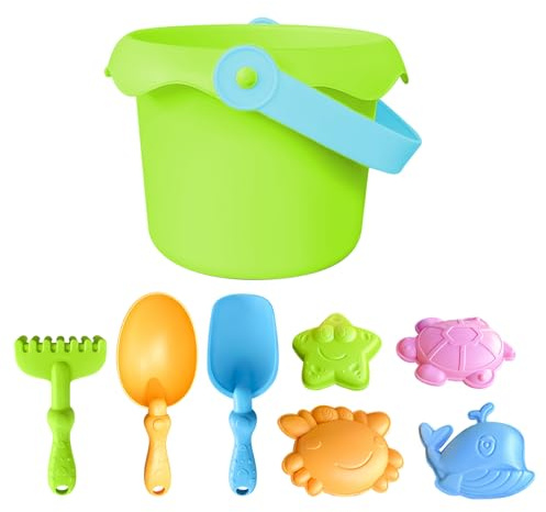Strandset für Kinder – 8-teiliges Set weicher Gummisand mit Eimer Schaufeln | Bausatz Schloss Sandkasten | Pastellfarben, für Kleinkinder Mädchen, Spiele für drinnen und draußen, 9,5 x 13 cm