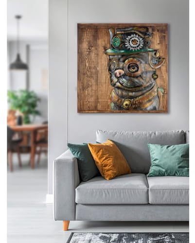 GILDE Bild Steampunk Dog aus Holz und Metall - quadratisch - Hundmotiv - braun - Höhe 50cm x Breite 50cm