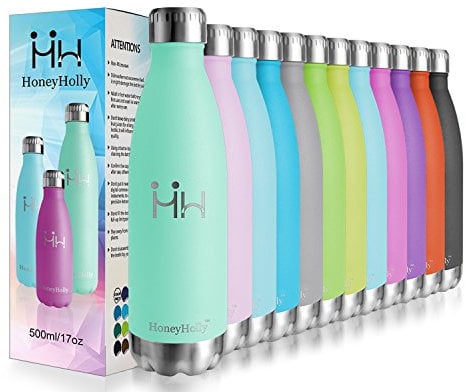 HoneyHolly Trinkflasche Edelstahl, Thermosflasche 500ml, BPA-frei Auslaufsichere Vakuum Isolierte, Thermoskanne 0,5l, Doppelwandige Isolierflasche für Fahrrad, Reisen, Sport, Yoga, Camping, Fahrrad