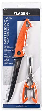 Fladen Zangen- und Filetiermesser-Set in Orange, Messer 16,5cm Edelstahlklinge mit Scheide, Zange aus Edelastahl mit 5 Funktionen