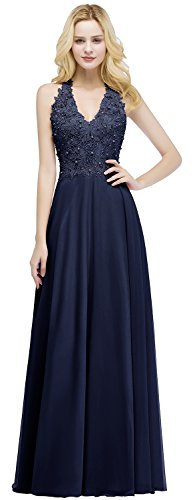 Misshow Robe de Soirée Longue Dentelle Formelle en Mousseline Halter Neck Robe de Soirée Longue Femme Fille Chic Mariage Bleu Marine 38