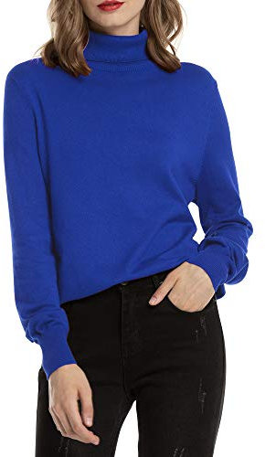 Woolen Bloom Pull à col roulé pour femme - Tricot élastique fin et élégant, Col montant, Manches longues - Pour l'automne et l'hiver - Bleu - XL