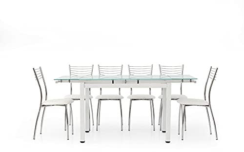 Rechteckiger Esstisch, ausziehbar bis 170 cm, Glasplatte, Gestell aus weißem Metall, mit 2 Verlängerungen von 30 cm. - Maße: 110 x 70 x 76 cm.