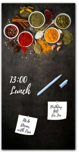Memoboard Spice Bowls L 30 x 60 cm | Magnettafel aus Glas zum beschriften hochkant | Optimal geeignet für Küche Esszimmer & Eingangsbereich als funktionaler Eyecatcher | Gewürze Löffel Bowls | bunt