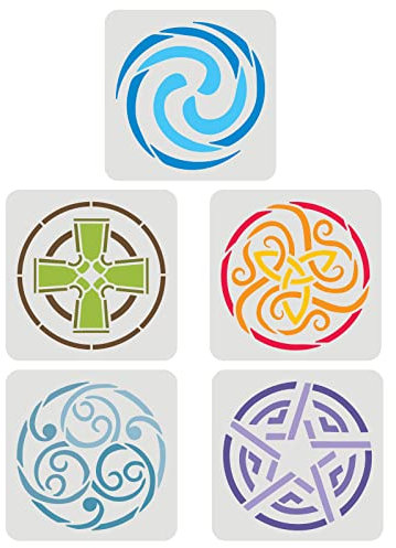 FINGERINSPIRE 5 Stück Keltische Schablone 15x15cm Wikinger Keltischer Knoten Schablone Luft Wasser Erde Feuer Geist Wikinger Symbol Schablone DIY Chakra Schablone für Wand, Möbel, Holz, Papier