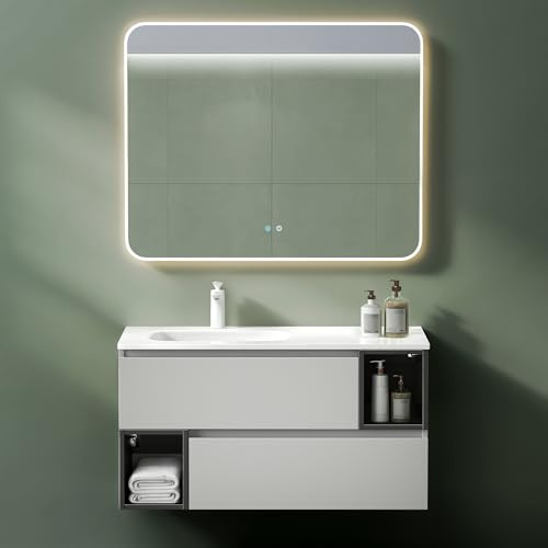 Mai & Mai Waschtisch mit Unterschrank Waschbecken mit Unterschrank | Badmöbelset 100x48x54cm in Khaki und Grau inkl. Waschbecken aus Mineralguss und LED-Badspiegel Gemini