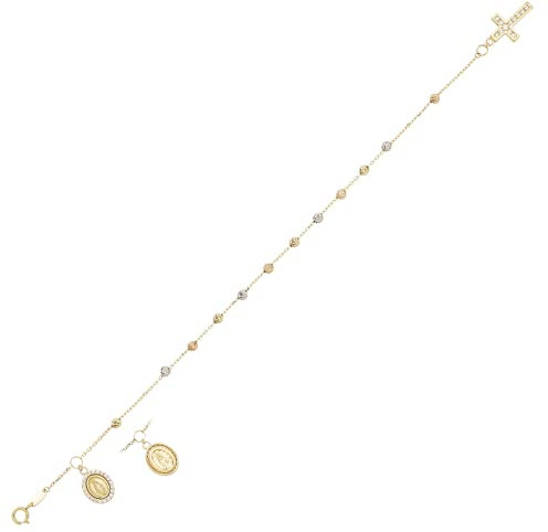 JC Schmuck | Damen Rosenkranz-Armband mit Mutter Maria mit Zirkonia Steine 585 Tricolor I Kugel Armband mit Kreuz Goldarmband Ankerkette | Länge verstellbar bis 19 cm | 8410