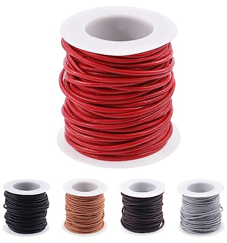 Keadic 11 Yards Round Leather String Cord, Natural Rawhide Rope for Shoelaces Bracelets Necklaces Pendent Jewelry Making and Art Crafts (2MM, Red)