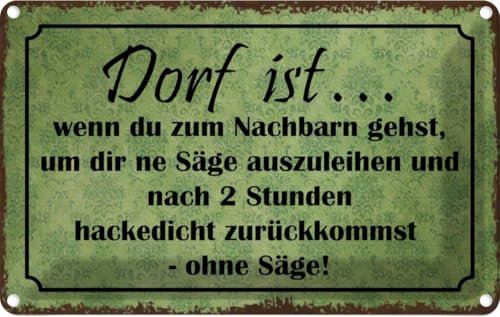 vianmo Blechschild 12x18 cm 'Dorf ist wenn du zum Nachbarn gehst' - Vintage Metallschild Deko Schild lustig Geschenkidee Wanddeko