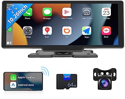 Portable Car Stereo Wireless Apple Carplay Android Auto 10.26’ HD touchscreen Bluetooth Carplay Screen with FM Voice Control 64G TF Card AUX/AV IN/USB Split Screen Function Backup Camera …