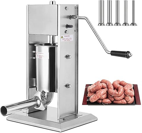 FLEAGE Manuelle Wurstfüllmaschine, 3 l/5 l Wurstfüller aus Edelstahl, mit 5 Fülldüsen, für gewerbliche und Private Zwecke 5L