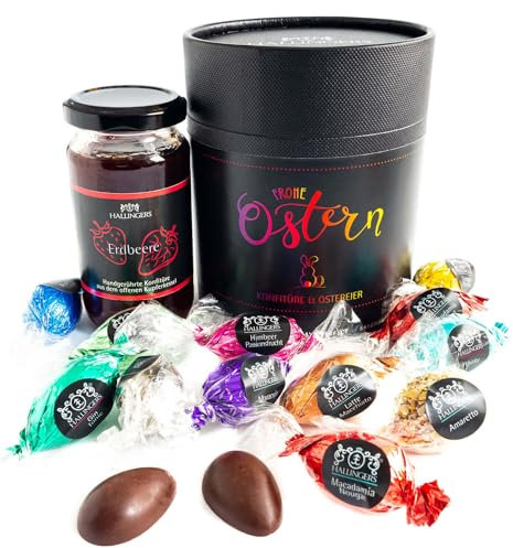 Hallingers Genuss Manufaktur Ostergeschenke als Osterkörbchen zu Ostern, 17 Pralinen Ostereier & Erdbeerkonfitüre|Made in Bayern