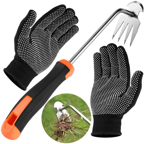 Desherbeur Manuel, Arrache Mauvaise Herbe Poignée en Caoutchouc, Désherbeurs Manuels, Scarificateur Manuel Couteau Désherbeur Root Slayer, avec Gants Respirants Antidérapants