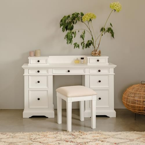 Gainsborough Dressing Table with 9 Drawers | White Make-up Vanity Table with Extension Top Drawers | Bedroom Furniture (KHA-GA-47-42-W)
