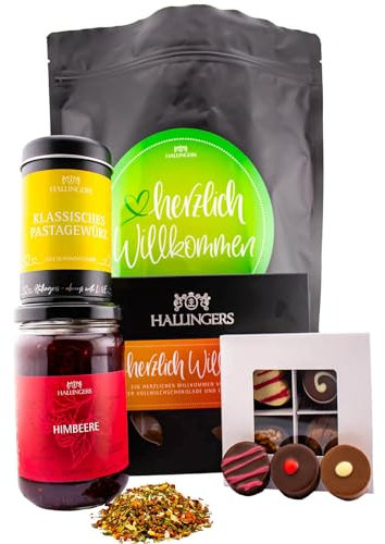 Hallingers Herzlich willkommen XXL - Glückwünsche Wundertüte XXL Geschenkset Himbeer Konfitüre Gewürz Pralinen & Tafel Schokolade (Bag) - Geschenkideen Weihnachten & Geschenke Adventskalender | Geburt