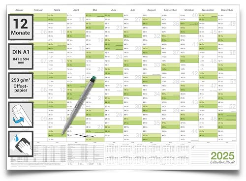 Kalenderoutlet DIN A1 abwischbarer Wandkalender 2025 gerollt 84,0x59,0 cm groß inklusive 1 Marker. Wandplaner ist feucht korrigierbar, Jahresplaner in deutscher Sprache