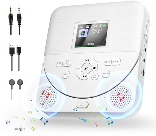 Portable cd player with bluetooth, FELEMAN personal cd player with speakers/rechargeable battery/display/headphones, Car cd player with AUX cable, can insert TF card