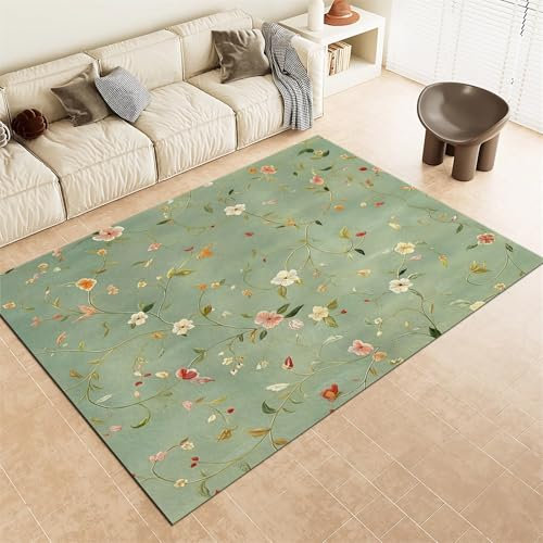 Waschbarer Teppich Grösse : 60x90cm Elegante Florale Textur Teppich Wohnzimmer Schlafzimmer, Kurzflor Flauschig Teppiche, Anti-Rutsch Unterseite Teppich, SalbeigrüN Kinder Teppich Dekoration