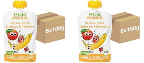 FRECHE FREUNDE Bio Quetschie Banane, Apfel, Erdbeere & Himbeere, Fruchtmus im Quetschbeutel für Babys ab 6 Monaten, 6er-Pack (6 x 100g) (Packung mit 2)