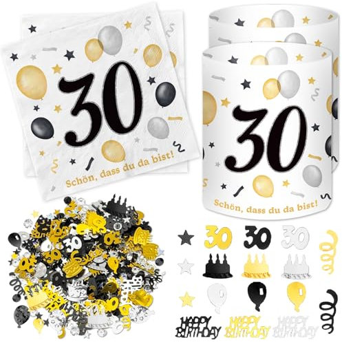 20 Stück Servietten 30 Geburtstag+12 Windlicht Tischdeko 30 + 500 Konfetti , Deko 30. Geburtstag Mann Frau, Tisch Deko 30 Jahre Schwarzes Gold