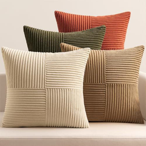 EMEMA Kissenbezug Kordsamt 4er Set Patchwork Kissenhülle 40x40 cm Zierkissenbezug Dekokissen Sofakissen Kord Dekorative Kissen für Sofa Sessel Zuhause Schlafzimmer Braun-grün Serie