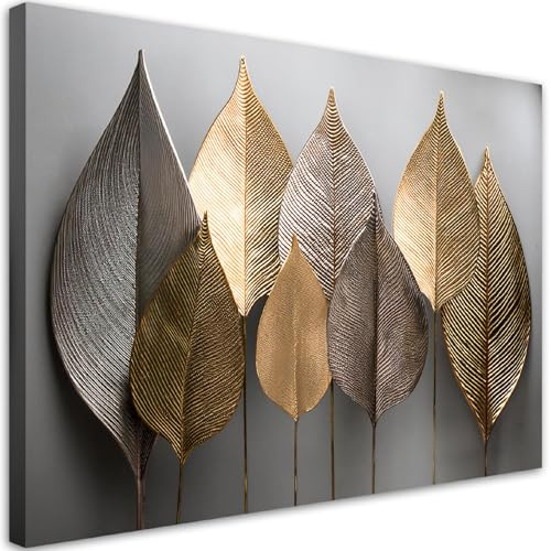 Feeby Bilder - Foto Geschenk - Minimalismus Goldblätter Abstrakt - 120x80 1tlg - Leinwandbilder Wohnzimmer - Wandbild über dem Bett - Bild Schlafzimmer - Aesthetic Zimmer Deko - Modern Pictures