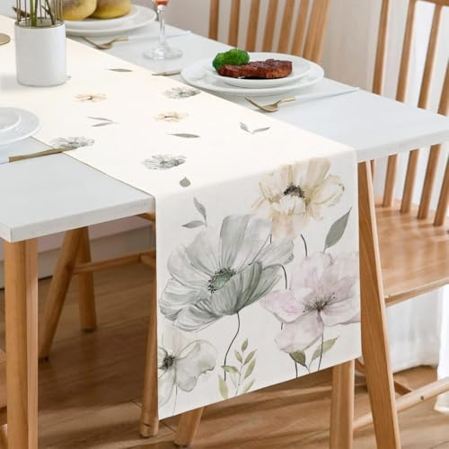 Tischläufer Modern Abwaschbar 40x140 Landhausstil Leinen Tisch Läufer Pflanzen Blumen Tischdecke Deko Klein Natur Küche Esstisch Dekoration für Wohnzimmer Draußen Outdoor Frühling Sommer
