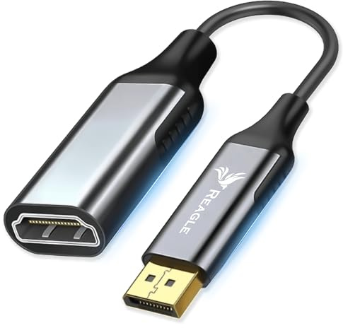 Reagle DisplayPort auf HDMI Adapter 4K 60Hz Full HD 240Hz HDR DP Stecker zu HDMI Buchse 21:9 Audio 32 Kanal LPCM Plug & Play Aluminium 24cm Unidirektional