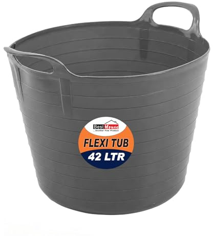 BH | 1 Pc of Flexi Tub with Handles | 42 Litres | Grey | Large Flexible Plastic Storage Bucket | Multipurpose Tub for Home, Washing, Yard, Garden Waste and DIY Projects - By BEST HOUSE