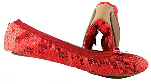 Sequin Sparkle Foldable Portable Shoes - Comfortable Women Ballet Flats that foldup and fit in Bag, Red, 4.5 UK