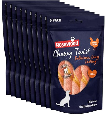 Rosewood Chewy Twist Treats for Dogs - Rich in Chicken, Small Dog Treats, Delicious, Long-Lasting Chews, Helps Clean Teeth, Salt Free, Highly Digestible, 5pc (Case of 10 x 115g)