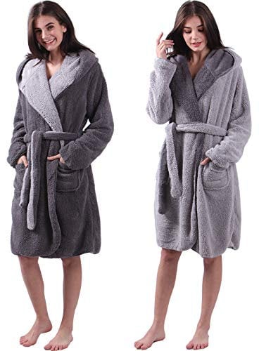 HOMELEVEL Sherpa Wende Bademantel Lammfell Optik für Damen und Herren mit Kapuze Morgenmantel Hausmantel