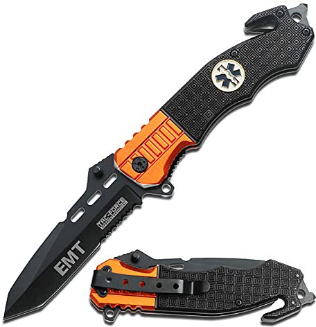 mtech-usa us Couteau Pompier Pliant Brise Vitres Coupe Ceinture Camping Trek Orange Acier Inoxydable