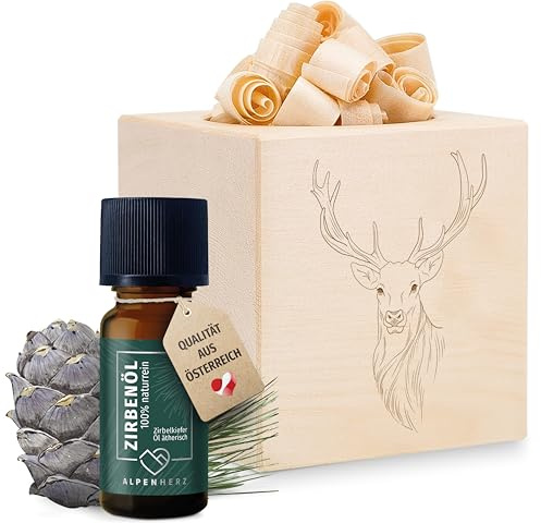 Alpenherz Zirbenwürfel Set - Zirbenöl 10 ml naturrein aus Österreich - Zirbenholz Würfel Duftspender Zirben Duft Holz Deko Zirbe Jäger Geschenke Zirbelkiefer Zirbenset (Hirsch)
