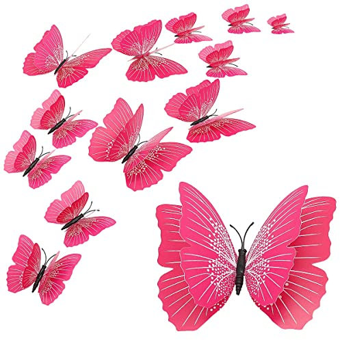 12 Stück Schmetterling Wandaufkleber, zweischichtiger 3D Magnetischer Schmetterling, Simulation Schmetterling Wandtattoos für Haus, Küche & Garten (Rosa)