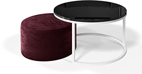 lukmebel Couchtisch CIRI 2in1 mit Polsterhocker Beistelltisch Kaffeetisch Eiche Hochglanz Marmor Modern VIELE Varianten Weiß/Gold Matt/Schwarz (Weiß/Schwarz Hochglanz, Polsterhocker - Monolith 69)