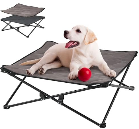 KingCamp Erhöhtes Hundebett Hundeliege Outdoor Haustierbett Haustierliege Atmungsaktivem Mesh & Wildledermatte & Rutschfesten Füßen für Reisen Garten Outdoor Indoor, Schwarz 77 x 77 x 30 cm