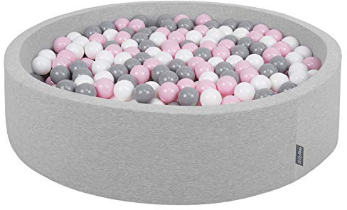 KiddyMoon Bällebad 120X30cm/1000 Bälle Rund Groß Bällepool Mit Bunten Bällen Für Babys Kinder, Hellgrau:Weiß-Grau-Puderrosa