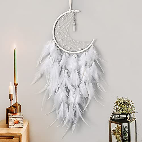 Weldomcor Traumfänger Feder Mond Boho Traumfänger mit Kristall Stein Anhänger Wandbehang Bohemian Handgefertigt Traumfänger für Kinder Schlafzimmer Geschenk Handwerk Wohnkultur (Weiß)
