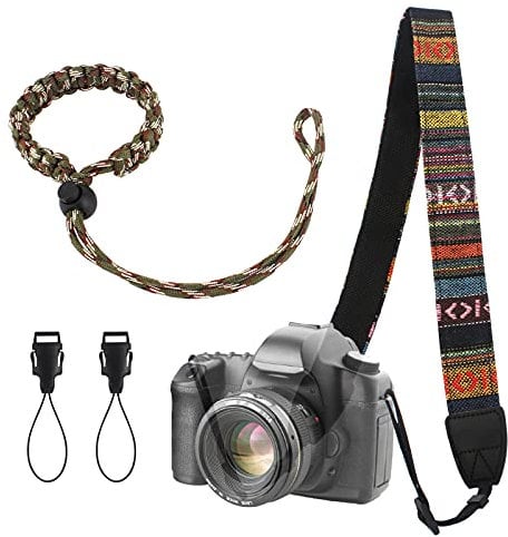 Iyowei Retro Camera Neck Strap + Camera Wrist Strap, Vintage Camera Shoulder Strap Bohemia Adjustable Universal Camcorder Belt Strap with Harness Adapter and Free Quick Release Buckles for DSLR Camera