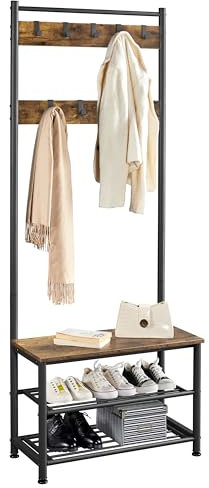 Yaheetech Portemanteau avec Banc et étagères à Chaussures Meuble d’entrée avec Crochets Mobiles Vestiaire Cadre en Métal, 72,5 x 33 x 184,5 cm, Style Industriel Marron Rustique